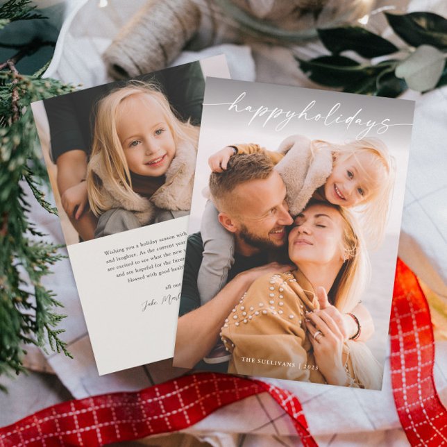 Enkel handskriven julskriptfoto julkort (Minimal happy holidays photo holiday card with handwritten overlay typography and coordinating back.)