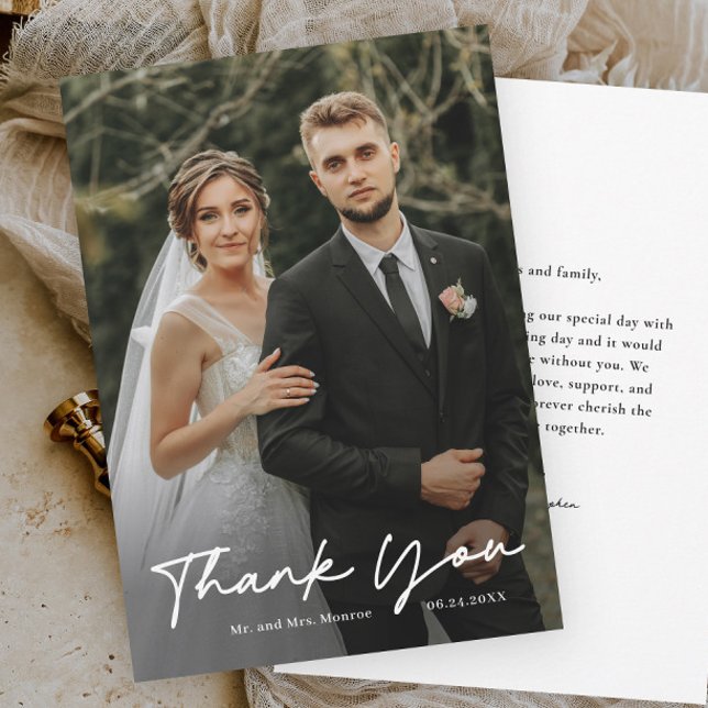 Enkel handskriven manus foto bröllop tack kort (Simple handwritten script wedding photo thank you cards.)