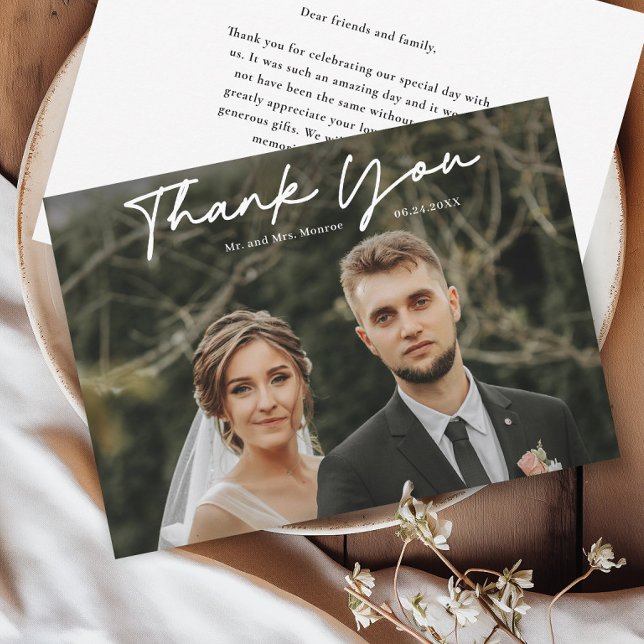 Enkel handskriven manusfoto bröllop tack kort (Simple handwritten wedding photo thank you cards.)