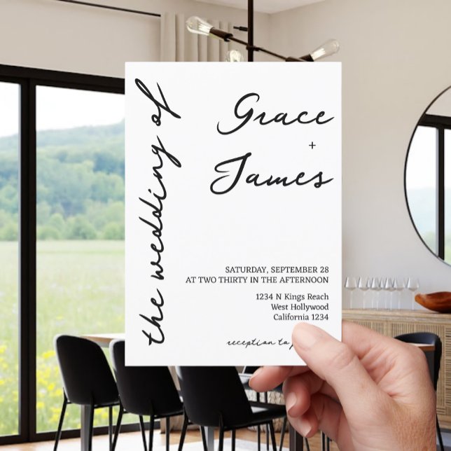 Enkel, handskriven, minimalistisk bröllopsinbjudan inbjudningar (Simple Handwritten Minimalist Wedding Invitations from Ricaso. Modern black and white invites)