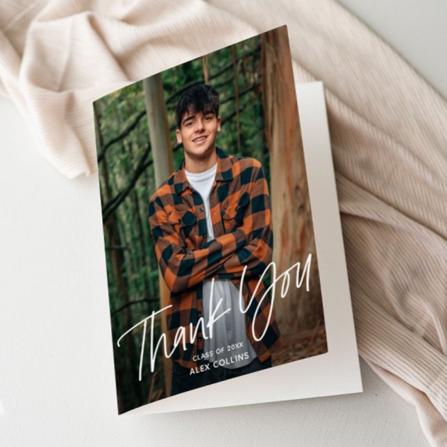 Enkel Handskriven Modern Foto Examen Tack Kort (Modern Handwritten Photo Graduation Folded Thank You Cards.)