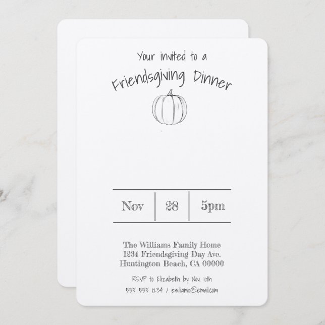 Enkel handskriven Pumpkin Friendsgiving-middag Inbjudningar (Fram/baksida)