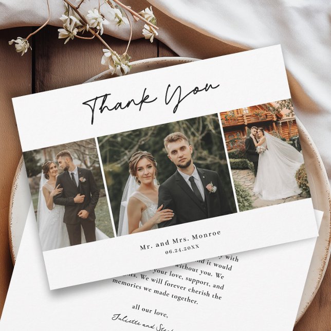 Enkel handskriven skript 3 foto bröllop tack kort (Simple handwritten three photo collage wedding thank you cards.)