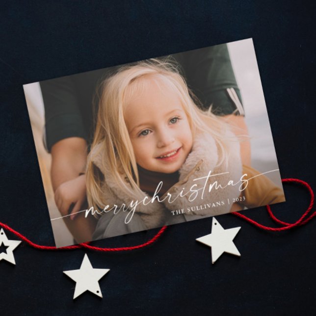 Enkel handskriven skript - fotojul julkort (An elegant photo christmas holiday card with handwritten script typography overlay.)