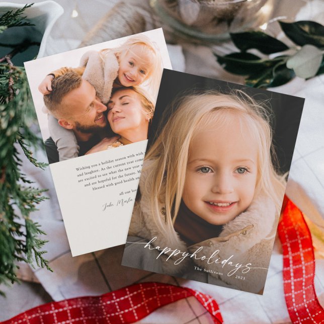 Enkel handskriven skript - fotojul julkort (Minimal happy holidays photo holiday card with handwritten overlay type and simple photo backer.)