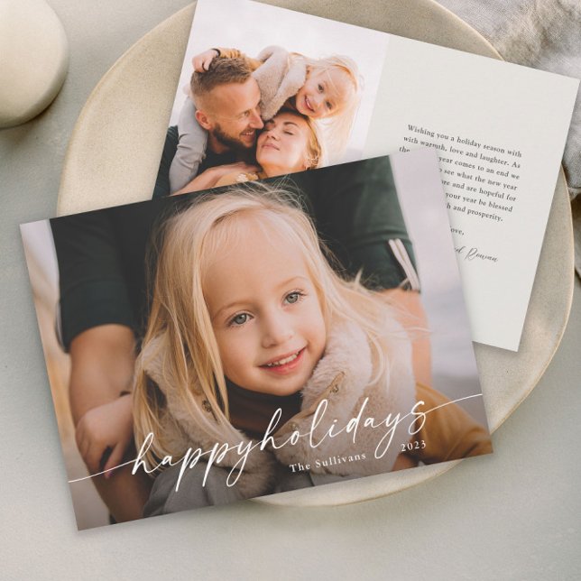 Enkel handskriven skriptfoto julkort (Elegant Simple Handwritten Photo Holiday Card with Modern Happy Holidays Script Typographic Overlay.)