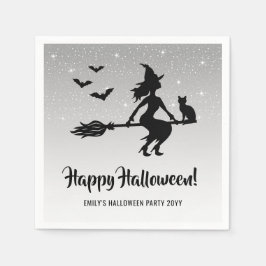 Enkel häxa på kvast svart och vit Halloween Pappersservett