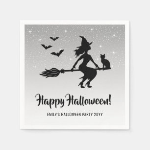 Enkel häxa på kvast svart och vit Halloween Pappersservett