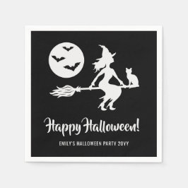 Enkel häxa på kvast svart-vit Halloween Pappersservett