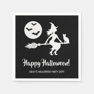 Enkel häxa på kvast svart-vit Halloween Pappersservett