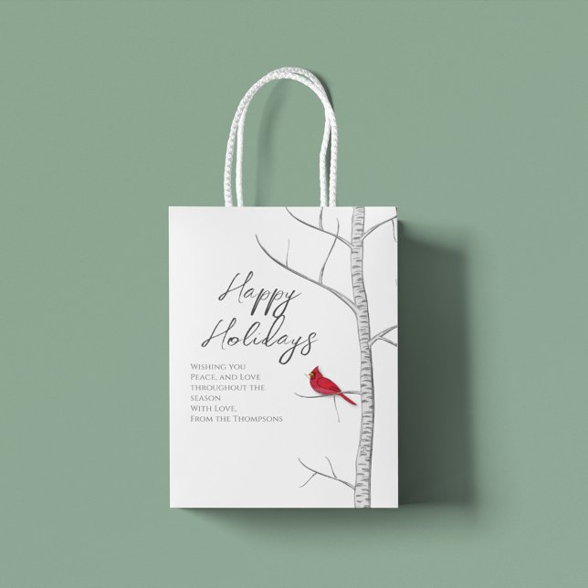 Enkel Helgdag Winter Red Cardinal Birch Träd (Happy Holiday red carinal gift bag with customized gift message)