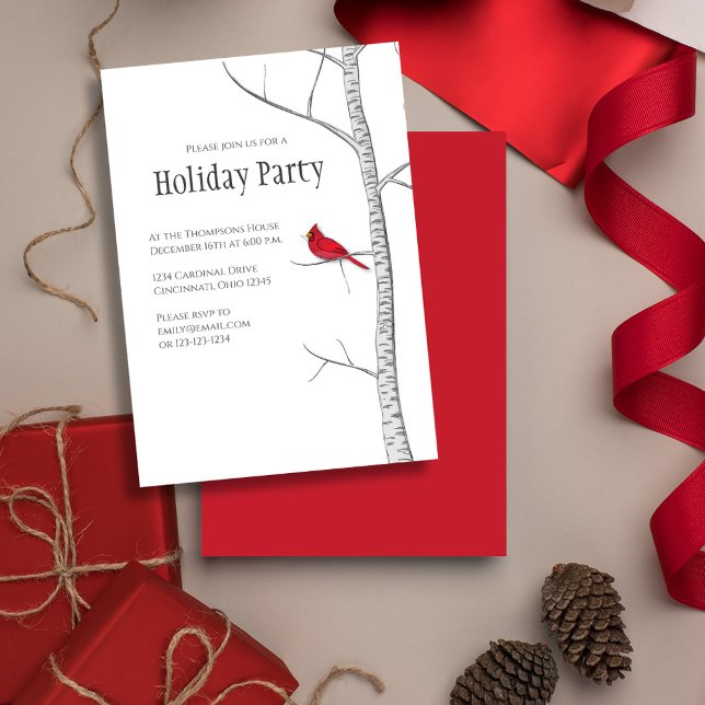 Enkel Helgdag Winter Red Cardinal Birch Träd Inbjudningar (Simple Holiday Party invitation with a winter woodland red cardinal bird.)