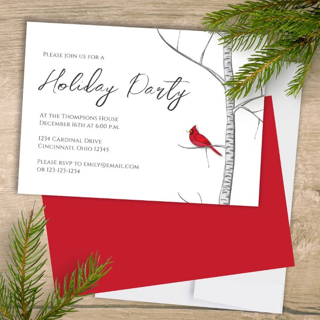 Enkel Helgdag Winter Red Cardinal Birch Träd Inbjudningar (Simple Holiday Party invitation with a winter woodland red cardinal bird.)