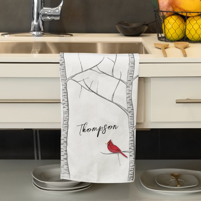 Enkel Helgdag Winter Red Cardinal Birch Träd Kökshandduk (Red Cardinal birch tree custom kitchen towel. )