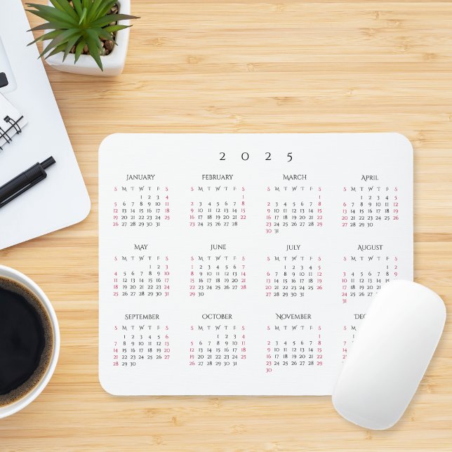Enkel hemmakontor 2025 Fullt Årskalender Musmatta (Simple Home Office 2025 Full Year Yearly Calendar Mouse Pad)