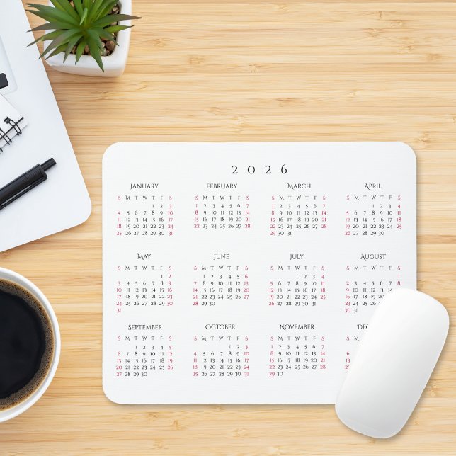 Enkel hemmakontorskalender för 2026 hela året musmatta (Simple Home Office 2026 Full Year Yearly Calendar Mouse Pad)