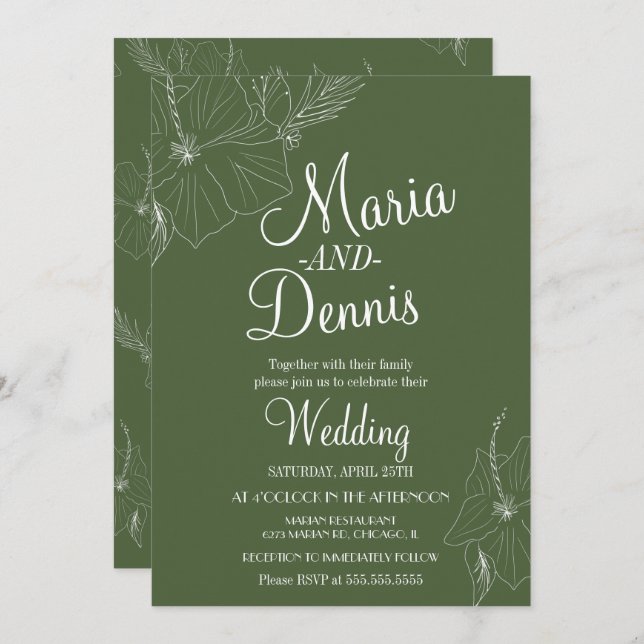 Enkel HibiscusTropical Line-Grönt Inbjudningar (Fram/baksida)