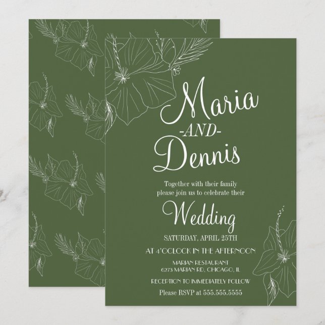 Enkel HibiskusTropisk Linje Grön Inbjudningar (Fram/baksida)