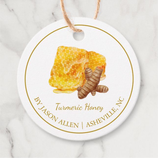 Enkel honeykomb Turmeric Infused Honungshang Märkr Gåvor Etiketter (Framsida)