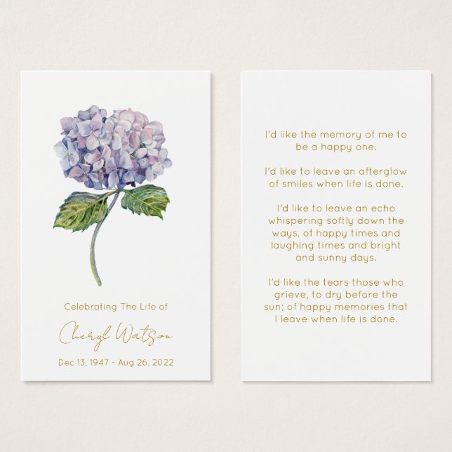 Enkel Hydrangea Begravning Minneshögtid Bönkort Visitkort (Framsida & baksida)
