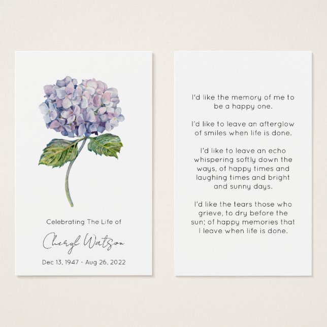 Enkel Hydrangea Begravning Minneshögtid Bönkort Visitkort (Framsida & baksida)