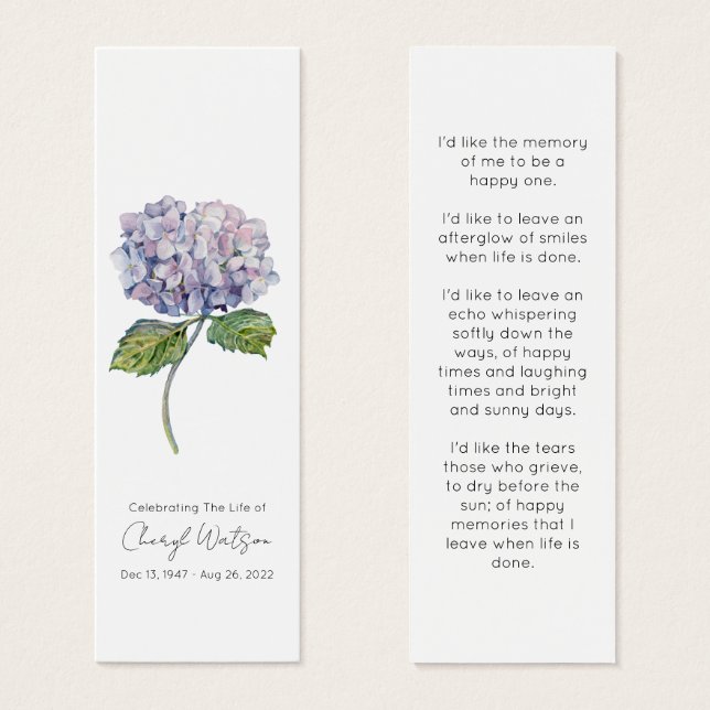 Enkel Hydrangea Sorgminnesbokmärke Litet Visitkort (Framsida & baksida)