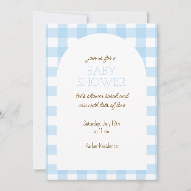 Enkel inbjudan till Blue Gingham Baby Shower (Framsida)