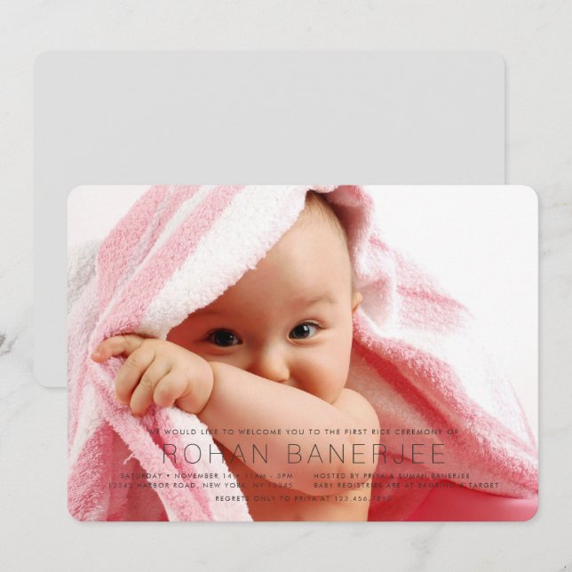 Enkel inbjudan till Ceremony Annaprashan, första R (Fram/baksida)