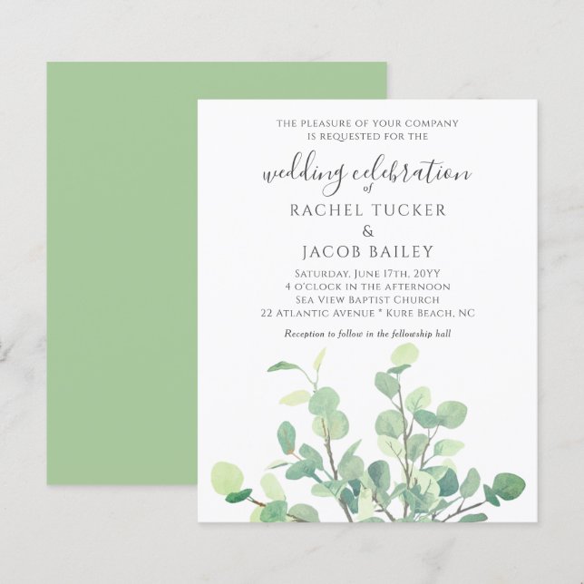 Enkel inbjudan till Eucalyptus Greenery Wedding (Fram/baksida)