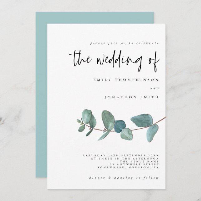 Enkel inbjudan till Eucalyptus Teal Wedding (Fram/baksida)