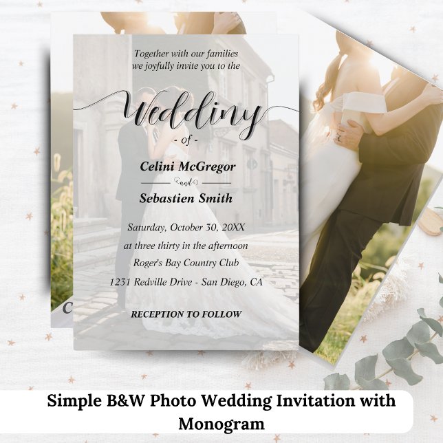 &Enkel inbjudan till fotobröllop med Monogram (Simple B&W Photo Wedding Invitation with Monogram)