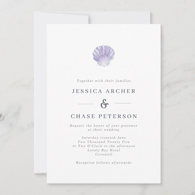 Enkel inbjudan till Lilac Seashell Beach Wedding (Framsida)