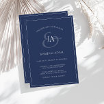 Enkel inbjudan till marinblått monogram-bröllop<br><div class="desc">Enkel inbjudan till marinblått monogram bröllop. Imponera elegant på dina gäster i bröllop med trendigets mörk blått bröllopsinbjudan med ett vackert, vitt skript, med briden och brudgummens initialer på en marin blå bakgrund. Den här inbjudan har en enastående blå royal, med moderna och minimala vibes, perfekt för ditt enkla, trendig,...</div>
