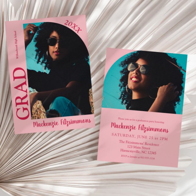 Enkel inbjudan till Preppy Photo Studenten (Pink and Red Simple Preppy Photo Graduation Invitation)