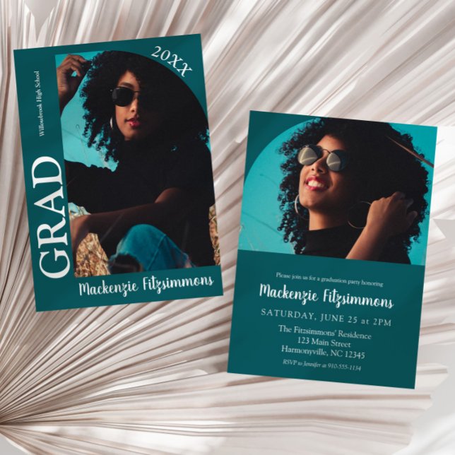 Enkel inbjudan till Retro Photo Studenten (Teal green Simple Retro Photo Graduation Invitation)