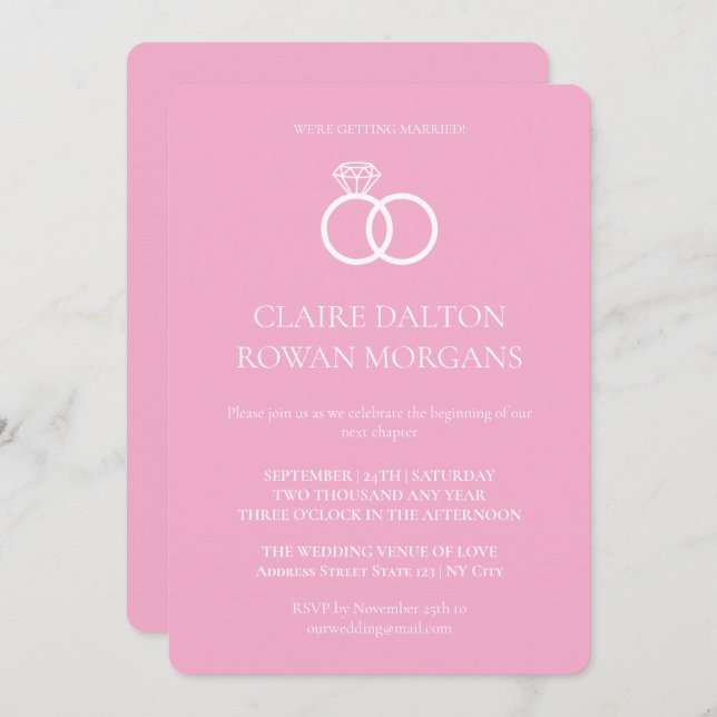 Enkel inbjudan till Ringar Rosa bröllop (Fram/baksida)