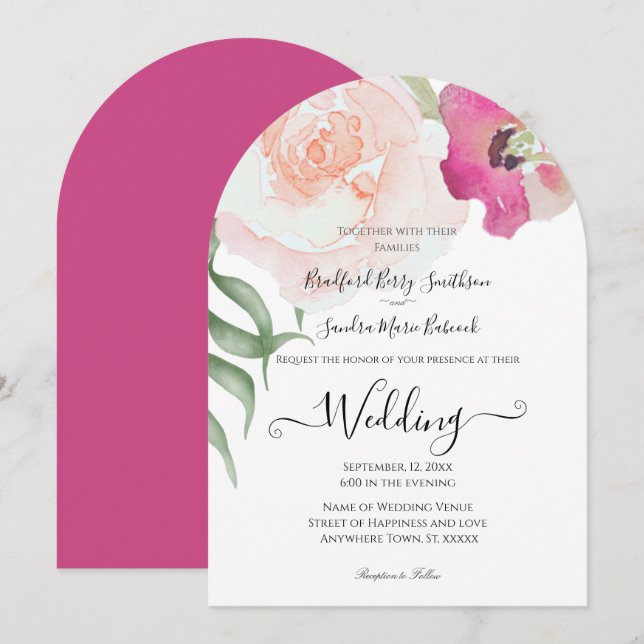 Enkel inbjudan till  Rosa Fushia Blommigt Wedding (Fram/baksida)