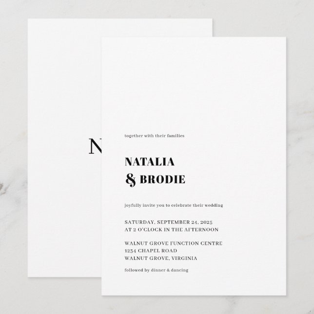 Enkel inbjudan till svartvitt bröllop (Fram/baksida)