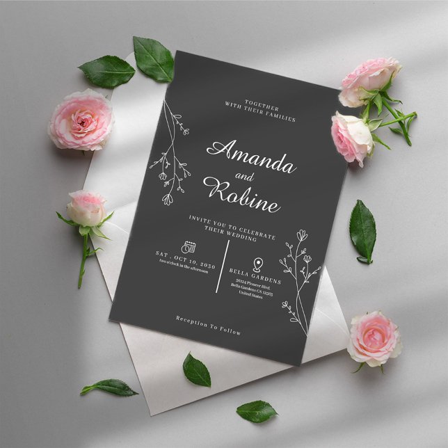 Enkel inbjudan till svartvitt Löv-bröllop (Skapare uppladdad)