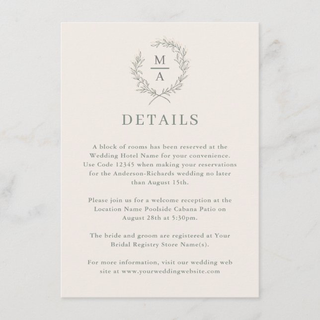 Enkel information om Deep Sage Elegant Monogram Tilläggskort (Framsida)