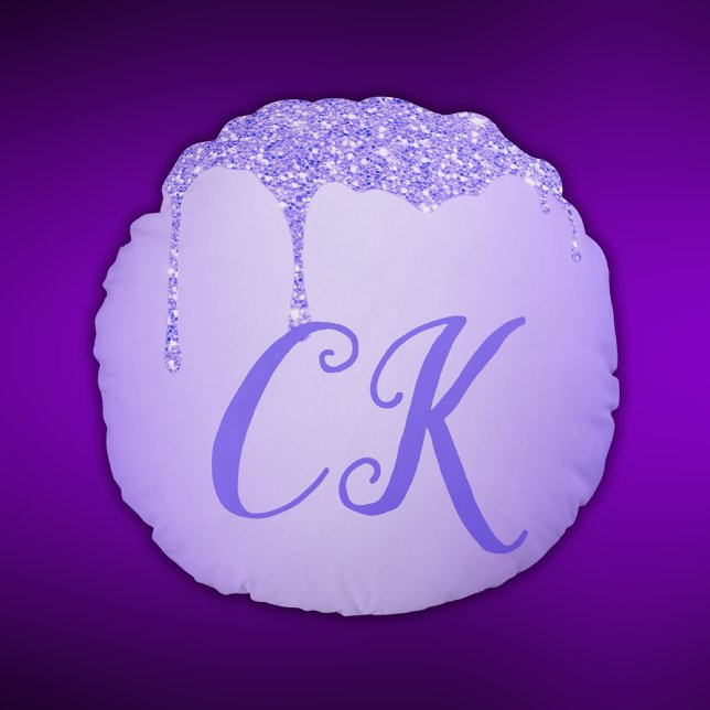 Enkel - Initialer Monogram med Lila Glitter | Rund Kudde (Skapare uppladdad)