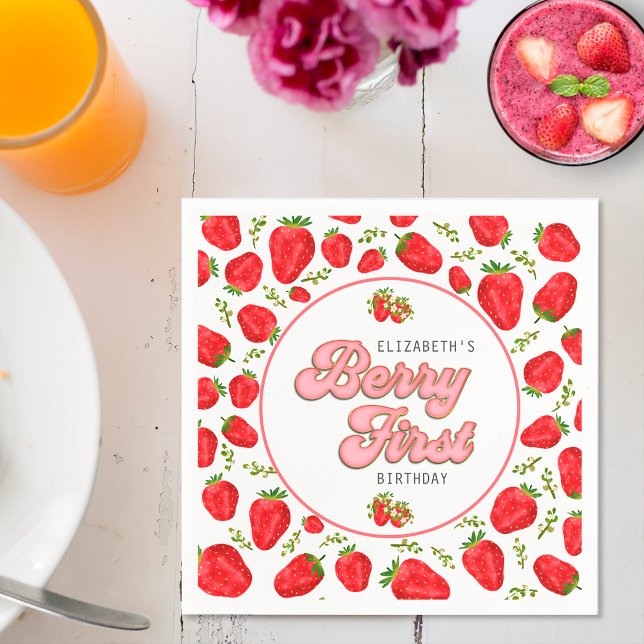 Enkel Jordgubbsmönster 1-årsdag Berry Först Pappersservett (Skapare uppladdad)