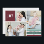 Enkel Joy 3 Photo Collage Modern Rand | Maron Julkort<br><div class="desc">I snyggt 3-fotosamlingskortet finns ett enkelt, modernt teckensnitt med rand-design i kranbärsrött, grönt, mynta, ljusmynta och . Fotomallar innehåller en kvadratisk form, ett vågrät och ett lodrät. På baksidan av kortet finns en vit roligt snöflingor mönster över en månghundsbakgrund i färgaden. Kontakta mig (Tracey) på orabellaprints@outlook.com för konstruktions- eller produktfrågor....</div>