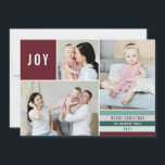 Enkel Joy 3 Photo Collage Modern Rand | Maron Julkort<br><div class="desc">I snyggt 3-fotosamlingskortet finns ett enkelt, modernt teckensnitt med rand-design i kranbärsrött, grönt, mynta, ljusmynta och . Fotomallar innehåller en kvadratisk form, ett vågrät och ett lodrät. På baksidan av kortet finns en vit roligt snöflingor mönster över en månghundsbakgrund i färgaden. Kontakta mig (Tracey) på orabellaprints@outlook.com för konstruktions- eller produktfrågor....</div>