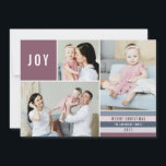 Enkel Joy 3 Photo Collage Modern Rand | Plommon Julkort<br><div class="desc">Snyggt 3-fotosamlingskortet har ett enkelt, modernt teckensnitt med rand-design i plum lila/mauve, ljusmauve och olika nyanser av dammigt grått blue. Fotomallar innehåller en kvadratisk form, ett vågrät och ett lodrät. På baksidan av kortet finns en vit roligt snöflingor mönster över en plommonbaksida på lilan. Kontakta mig (Tracey) på orabellaprints@outlook.com för...</div>