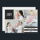 Enkel Joy 3 Photo Collage Modern Rand | Svart Julkort<br><div class="desc">Det här helgdag av fotokollage i snyggt 3 har ett enkelt,  modernt teckensnitt med rand-design i svartvitt. Fotomallar innehåller en kvadratisk form,  ett vågrät och ett lodrät. Kortets baksida innehåller en vit roligt snöflingor mönster över en svart bakgrund. Kontakta mig (Tracey) på orabellaprints@outlook.com för konstruktions- eller produktfrågor.</div>