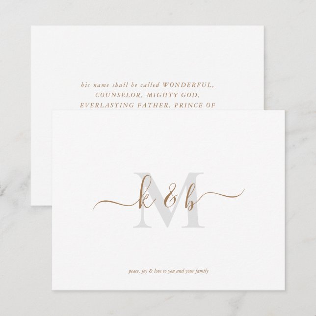 Enkel jul för Guld & Grått Monogram Scripture Anteckningskort (Fram/baksida)