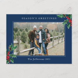 Enkel jul Holly Berry Anpassningsbar Photo Blue Helg Vykort