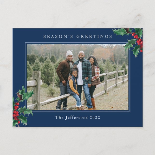 Enkel jul Holly Berry Anpassningsbar Photo Blue Helg Vykort (Framsida)