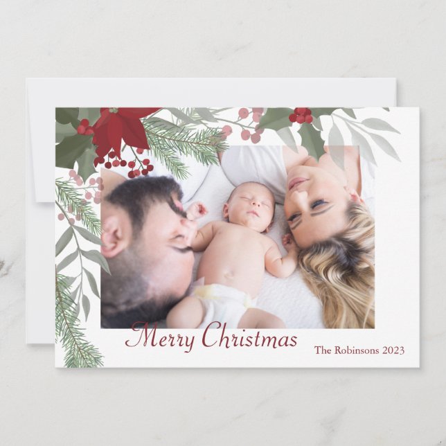Enkel jul Holly Botanical Greenery Photo Julkort (Framsida)